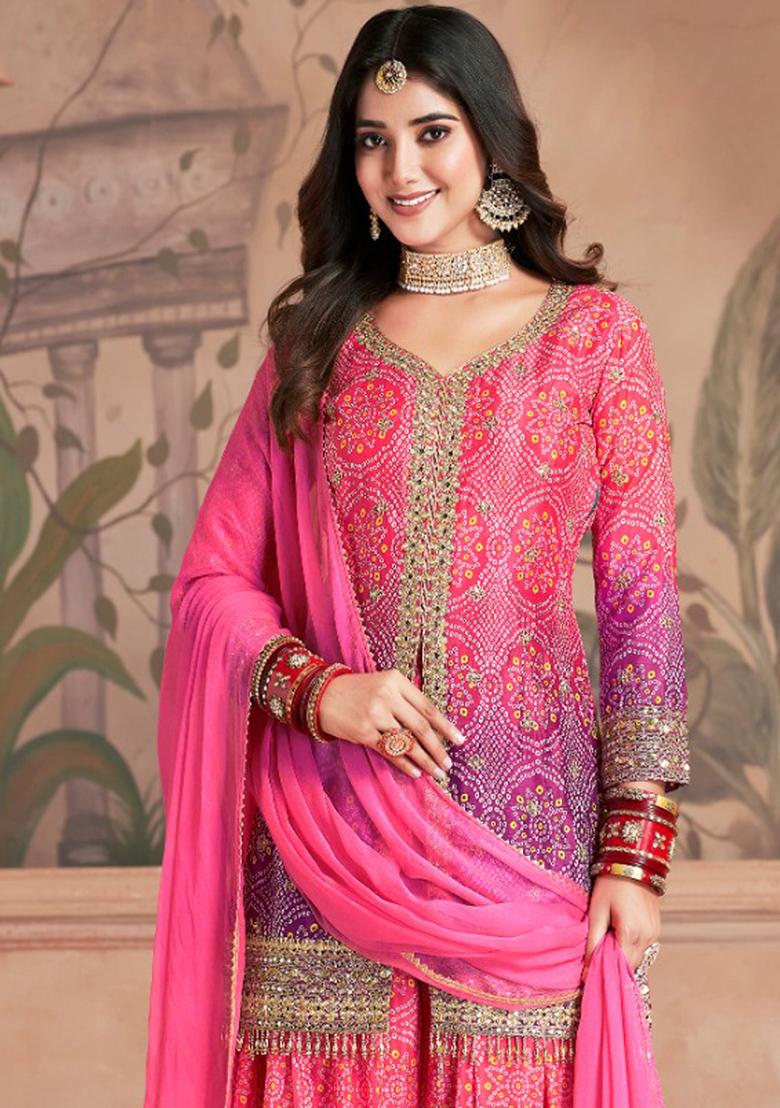 Pink and Purple Embroidered Chinnon Palazzo Set With Dupatta