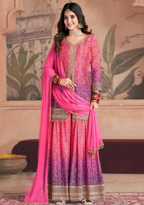 Pink and Purple Embroidered Chinnon Palazzo Set With Dupatta