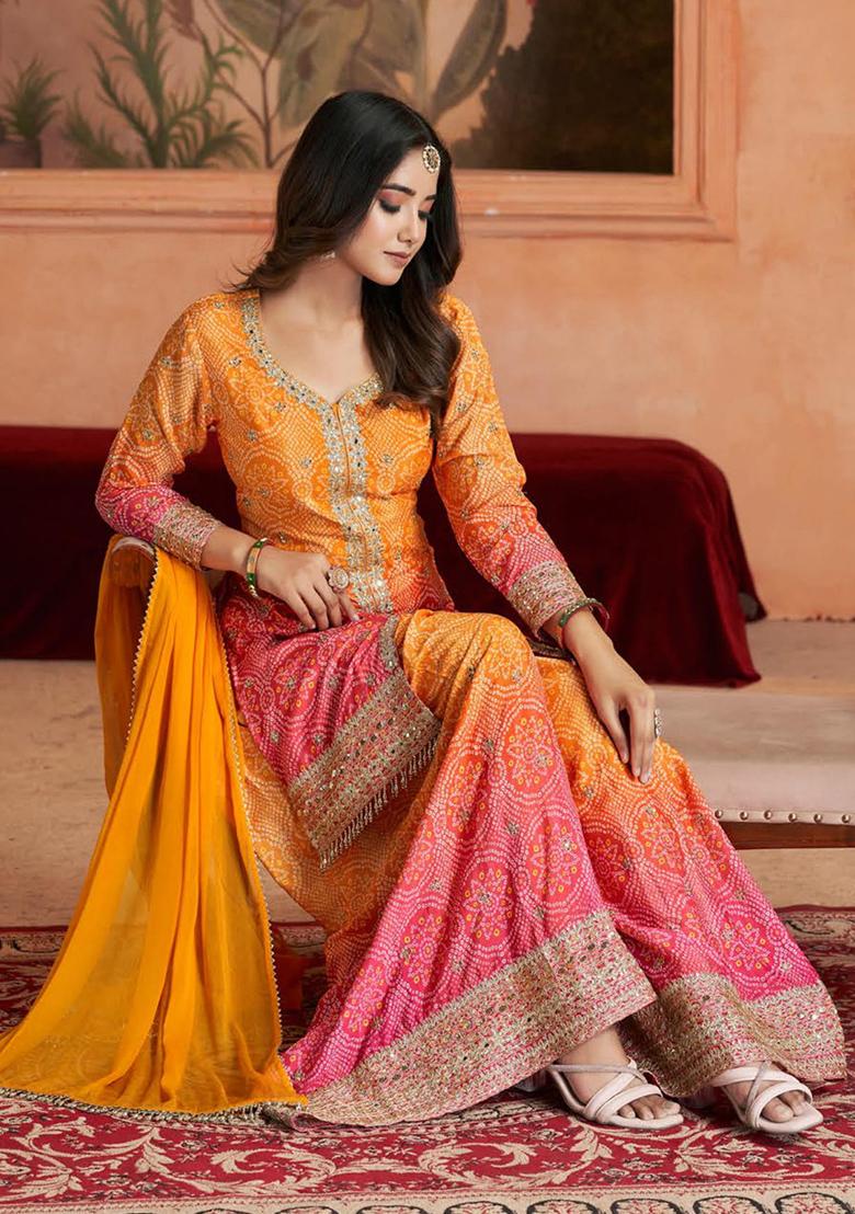 Orange Printed Chinnon Palazzo Set With Dupatta