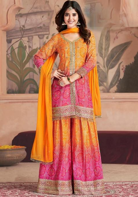 Orange Printed Chinnon Palazzo Set With Dupatta
