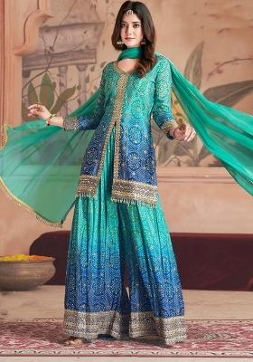 Turquoise Blue Embroidered Chinnon Palazzo Set With Dupatta