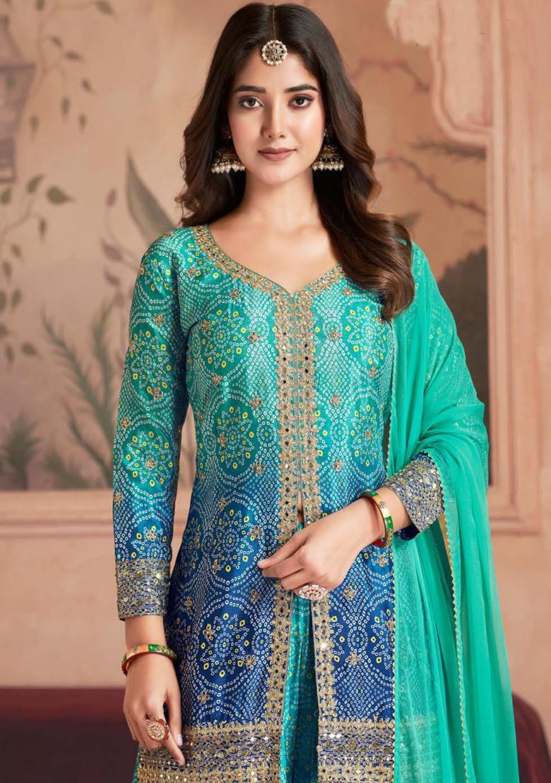 Turquoise Blue Embroidered Chinnon Palazzo Set With Dupatta