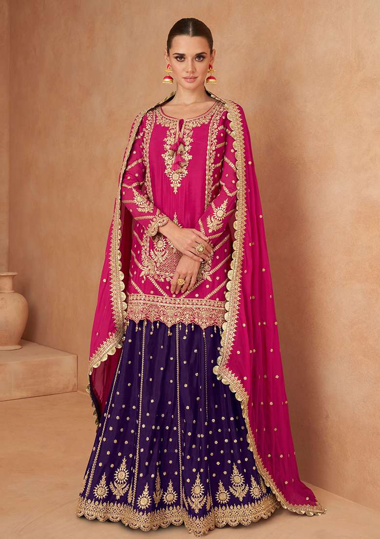 Pink Embroidered Chinnon Lehenga Set With Dupatta - Indya