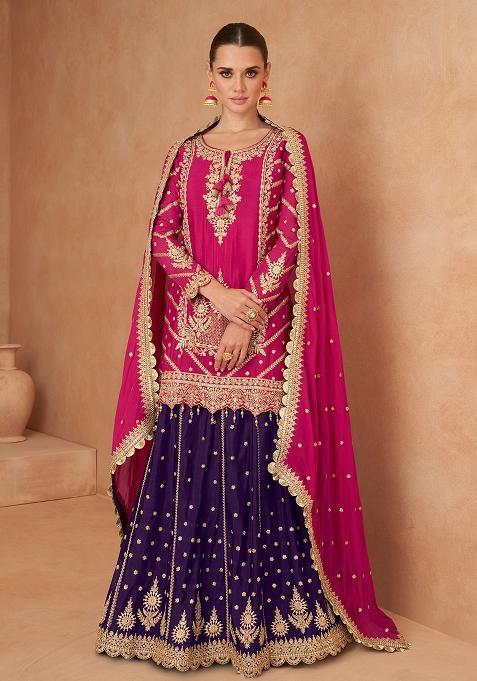 Pink Embroidered Chinnon Lehenga Set With Dupatta