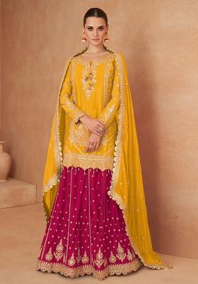 Mustard Yellow Embroidered Chinnon Lehenga Set With Dupatta
