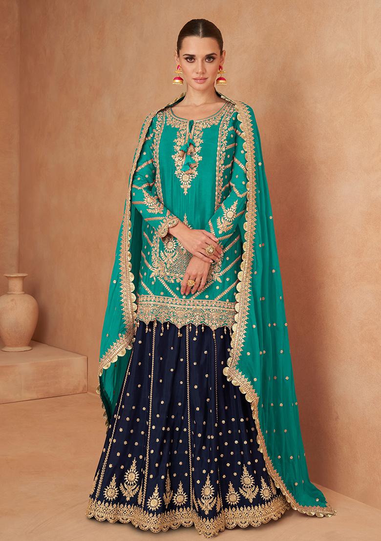 Blue Embroidered Chinnon Lehenga Set With Dupatta