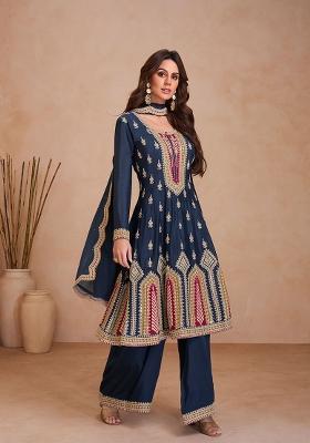 Blue Embroidered Chinnon Anarkali Set With Dupatta