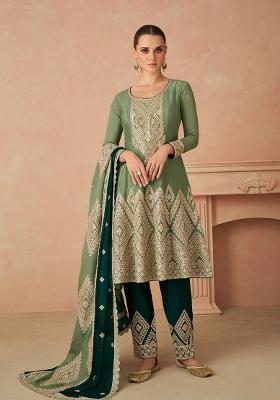 Green Embroidered Chinnon Anarkali Set With Dupatta
