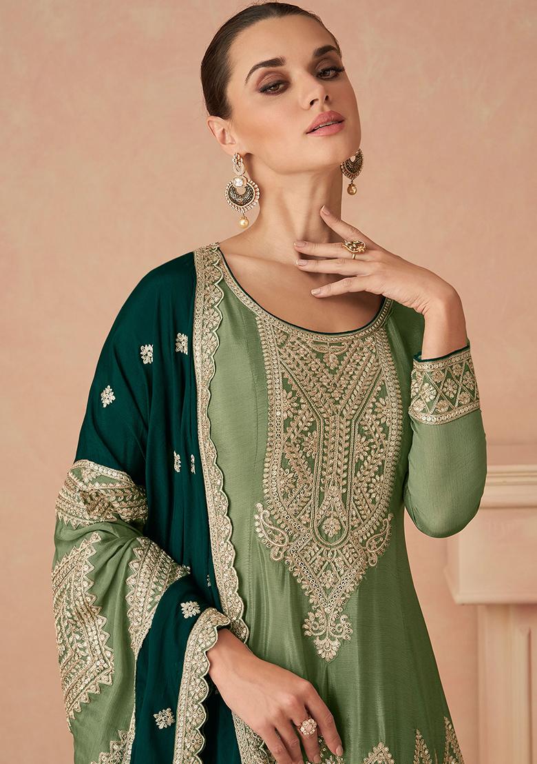Green Embroidered Chinnon Anarkali Set With Dupatta