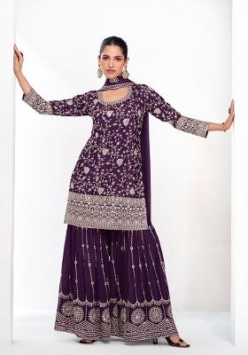 Purple Embroidered Chinnon Palazzo Set With Dupatta