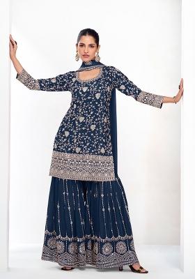 Teal Blue Embroidered Chinnon Palazzo Set With Dupatta