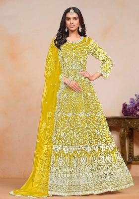 Mustard Yellow Embroidered Net Anarkali Set With Dupatta