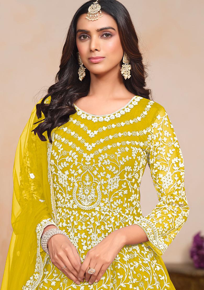 Mustard Yellow Embroidered Net Anarkali Set With Dupatta