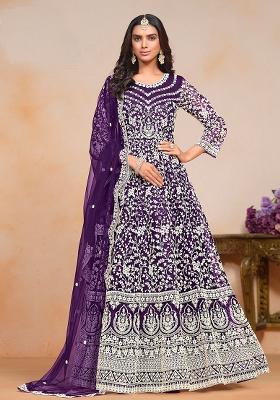 Purple Embroidered Net Anarkali Set With Dupatta