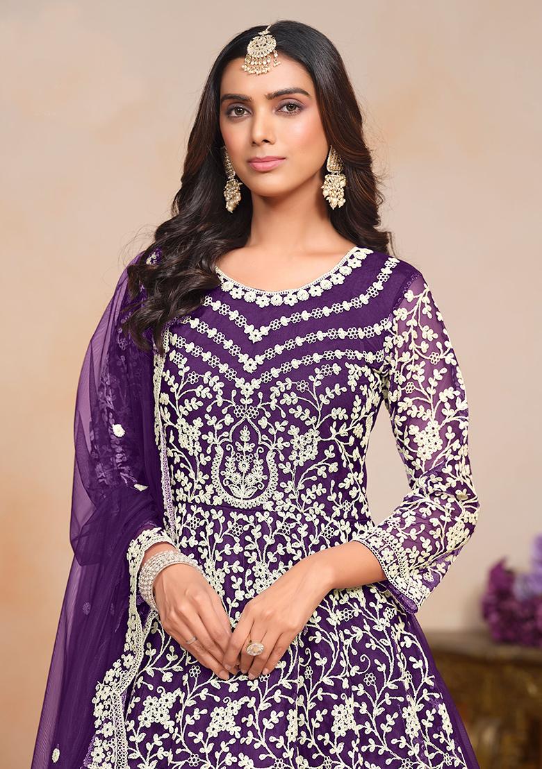 Purple Embroidered Net Anarkali Set With Dupatta