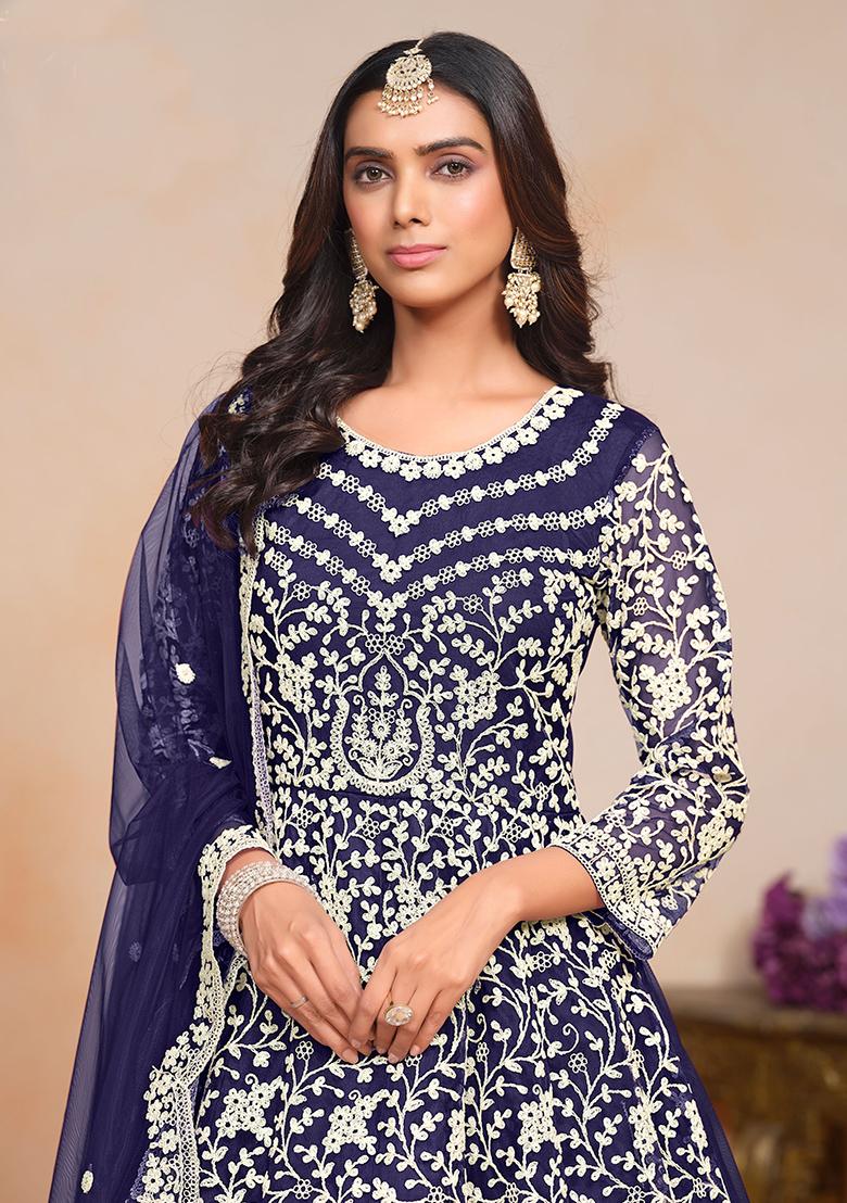 Blue Embroidered Net Anarkali Set With Dupatta