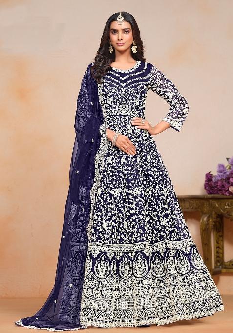 Blue Embroidered Net Anarkali Set