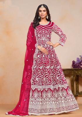Pink Embroidered Net Anarkali Set With Dupatta