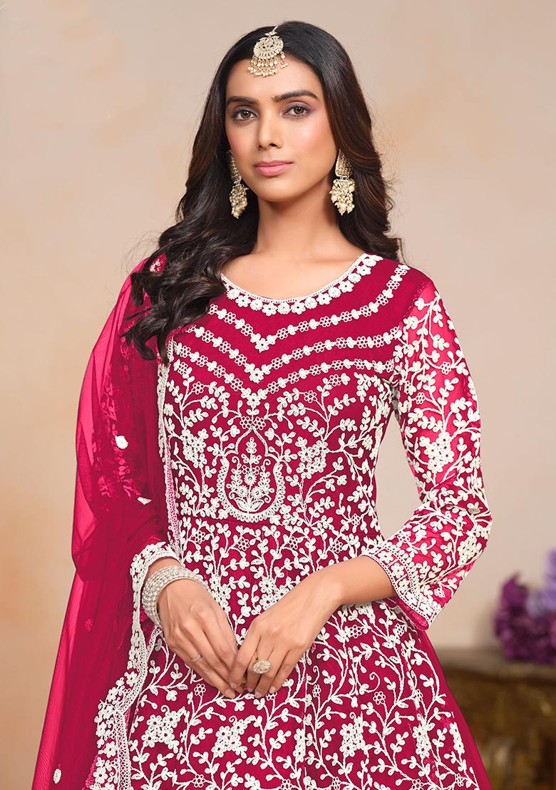 Pink Embroidered Net Anarkali Set With Dupatta