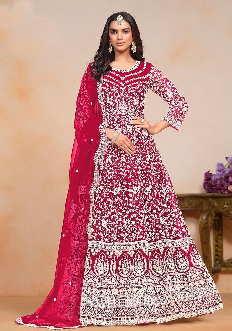 Pink Embroidered Net Anarkali Set With Dupatta
