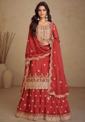 Coral Embroidered Chinnon Palazzo Set With Dupatta
