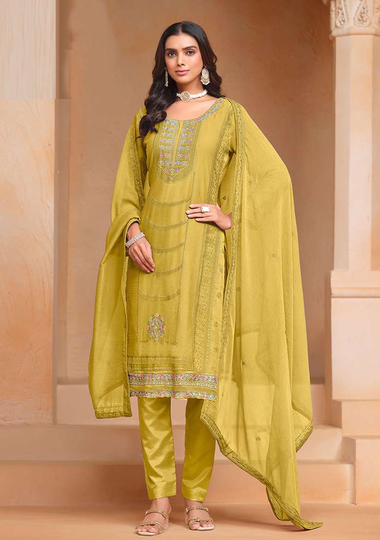 Yellow Embroidered Organza Salwar Kameez with Dupatta - Indya