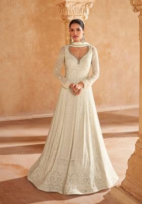 White Embroidered Georgette Anarkali Set With Dupatta