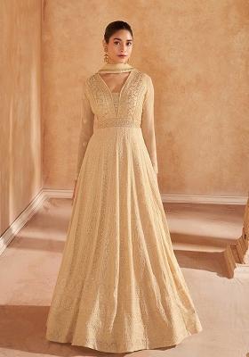 Beige Embroidered Georgette Anarkali Set With Dupatta