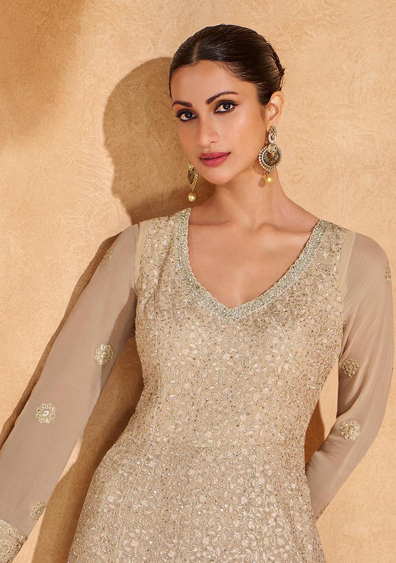 Fawn orange Embroidered Georgette Anarkali Set With Dupatta