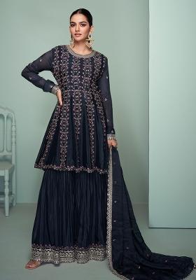 Blue Embroidered Chinnon Anarkali Set With Dupatta