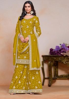 Mustard Yellow Embroidered Chinnon Palazzo Set With Dupatta