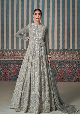 Grey Embroidered Georgette Anarkali Set With Dupatta