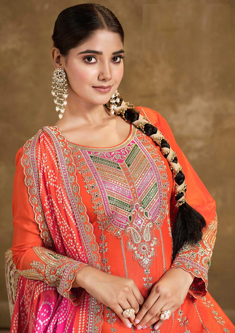 Orange Embroidered Chinnon Salwar Kameez with Dupatta