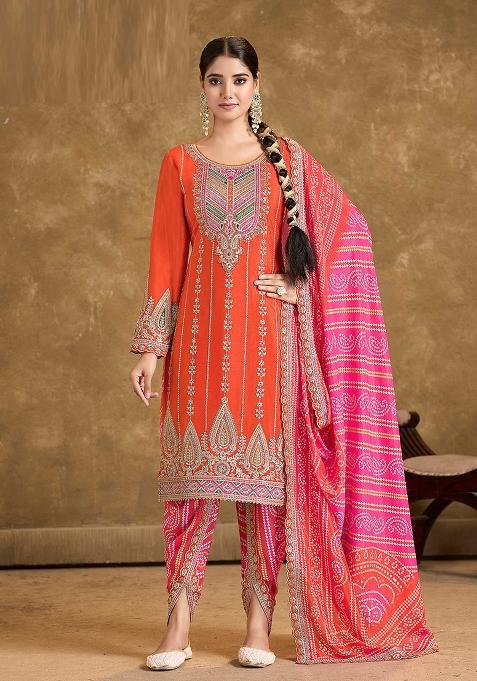 Orange Embroidered Chinnon Salwar Kameez with Dupatta