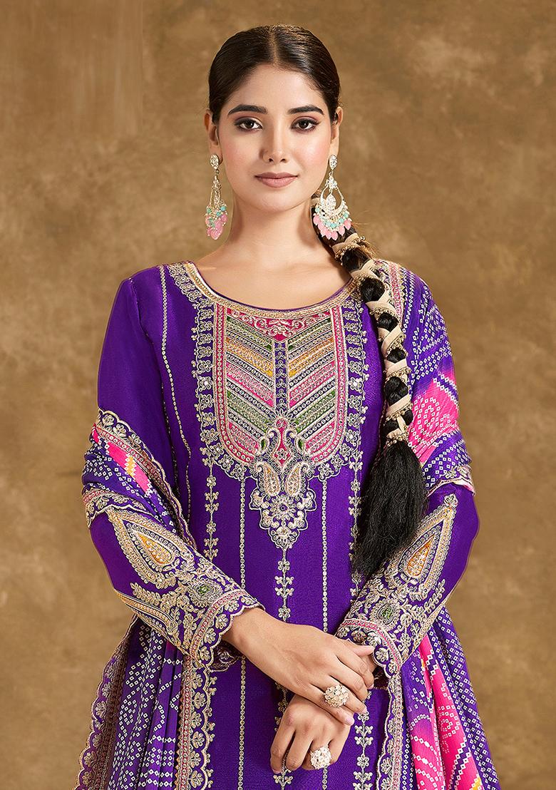 Purple Embroidered Chinnon Salwar Kameez with Dupatta