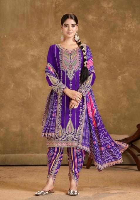 Purple Embroidered Chinnon Salwar Kameez with Dupatta