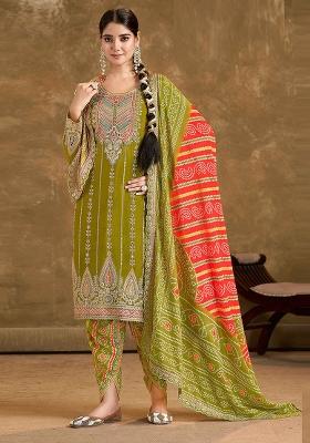 Olive Green Embroidered Chinnon Salwar Kameez with Dupatta