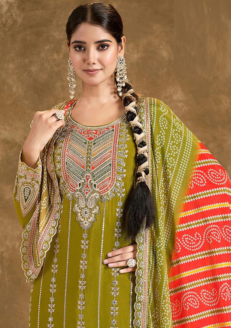 Olive Green Embroidered Chinnon Salwar Kameez with Dupatta