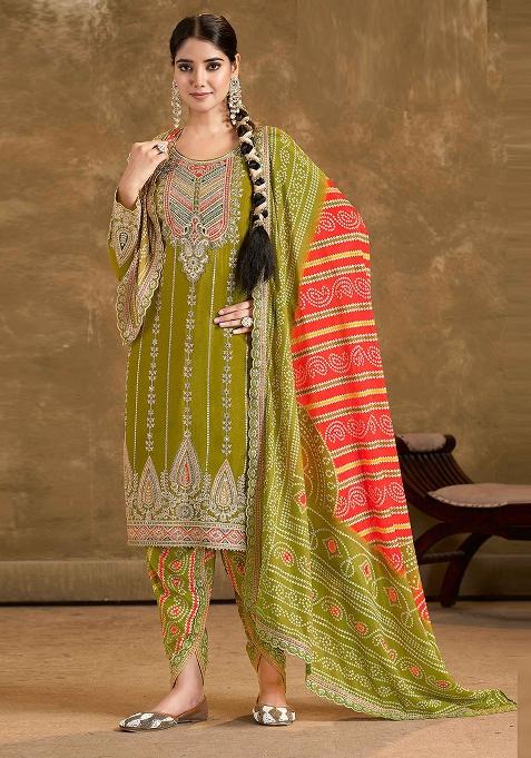 Olive Green Embroidered Chinnon Salwar Kameez with Dupatta