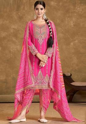 Pink Embroidered Chinnon Salwar Kameez with Dupatta