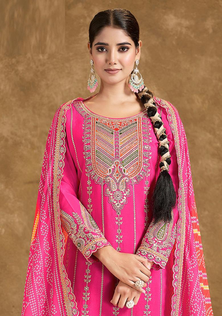 Pink Embroidered Chinnon Salwar Kameez with Dupatta