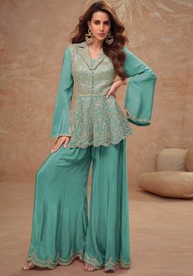 Turquoise Blue Embroidered Chinnon Palazzo Set