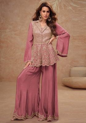 Rose Gold Embroidered Chinnon Palazzo Set