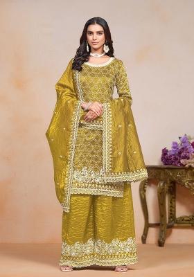 Mustard Yellow Embroidered Silk Palazzo Set With Dupatta