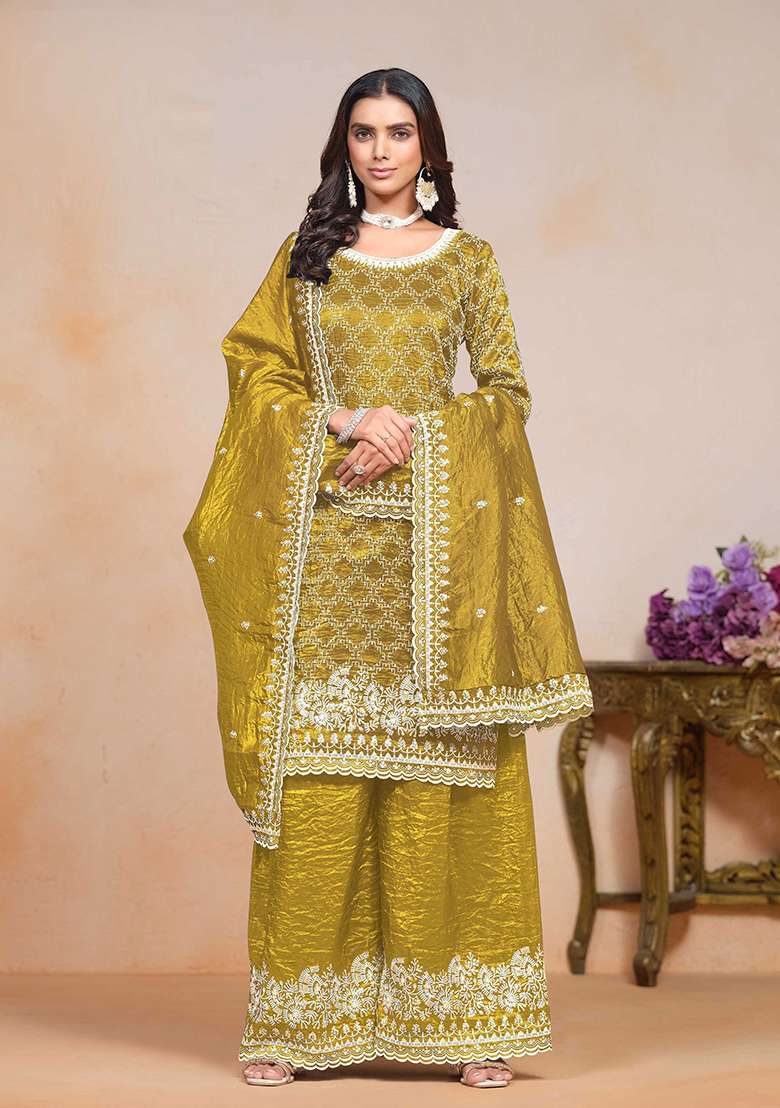 Mustard Yellow Embroidered Silk Sharara Set - Indya