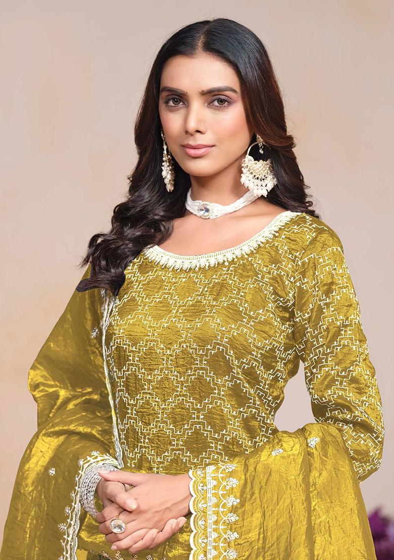 Mustard Yellow Embroidered Silk Palazzo Set With Dupatta