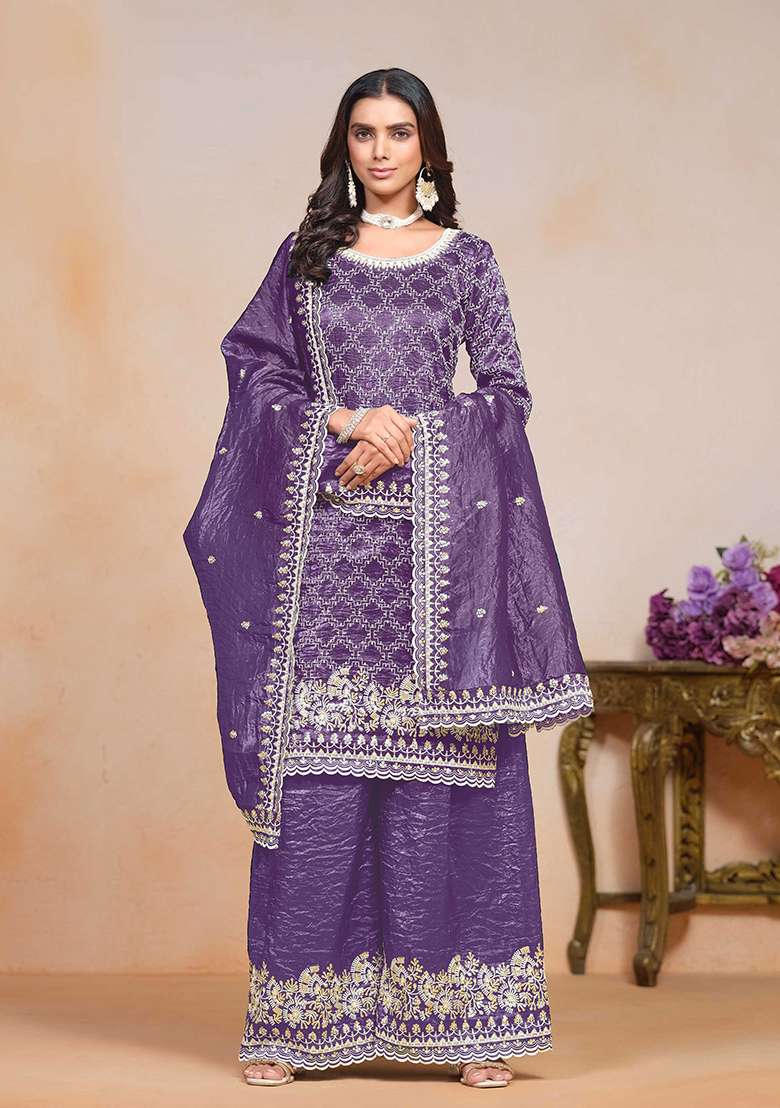 Purple Embroidered Silk Palazzo Set With Dupatta - Indya