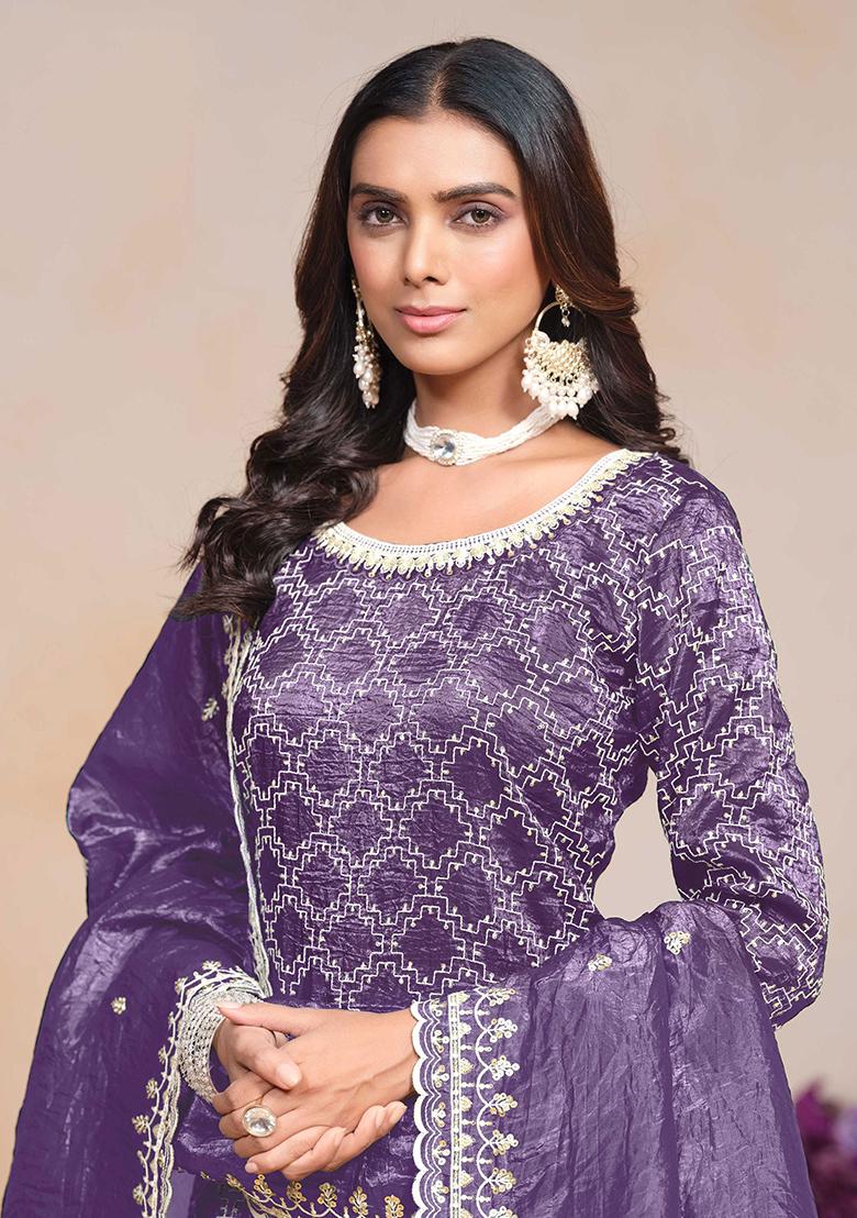 Purple Embroidered Silk Palazzo Set With Dupatta