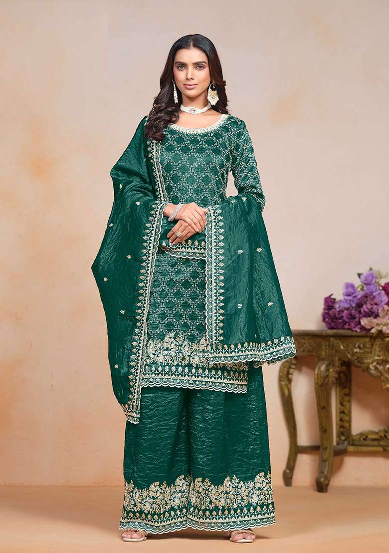 Teal Green Embroidered Silk Palazzo Set With Dupatta - Indya
