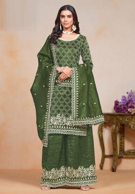 Olive Green Embroidered Silk Palazzo Set With Dupatta